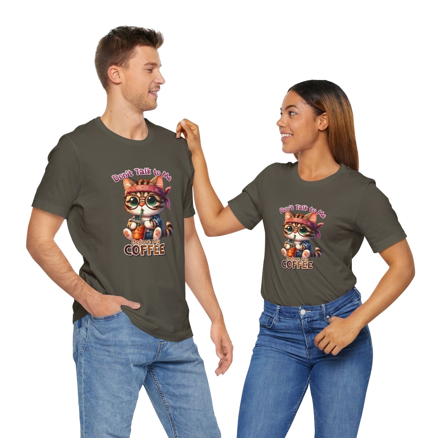 Cute Cat Coffee Lover Unisex Tee - 'Don't Talk to Me Before My Coffee'