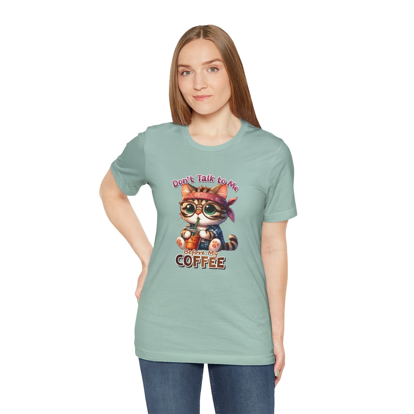Cute Cat Coffee Lover Unisex Tee - 'Don't Talk to Me Before My Coffee'