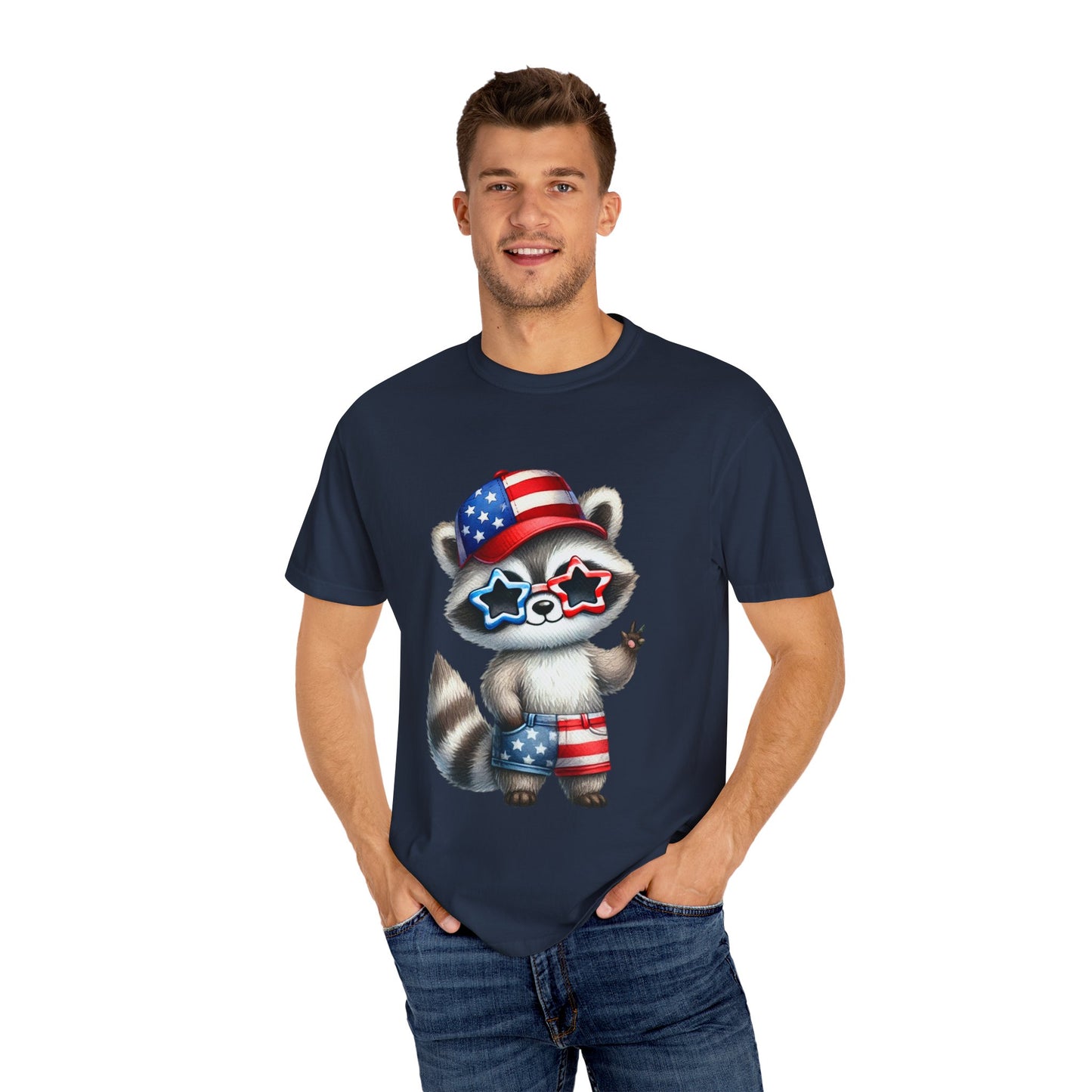 Patriotic Raccoon T-shirt, Unisex Garment-Dyed Tee, Fourth of July Shirt, Cute Animal Graphic Tee, Summer Festive Apparel