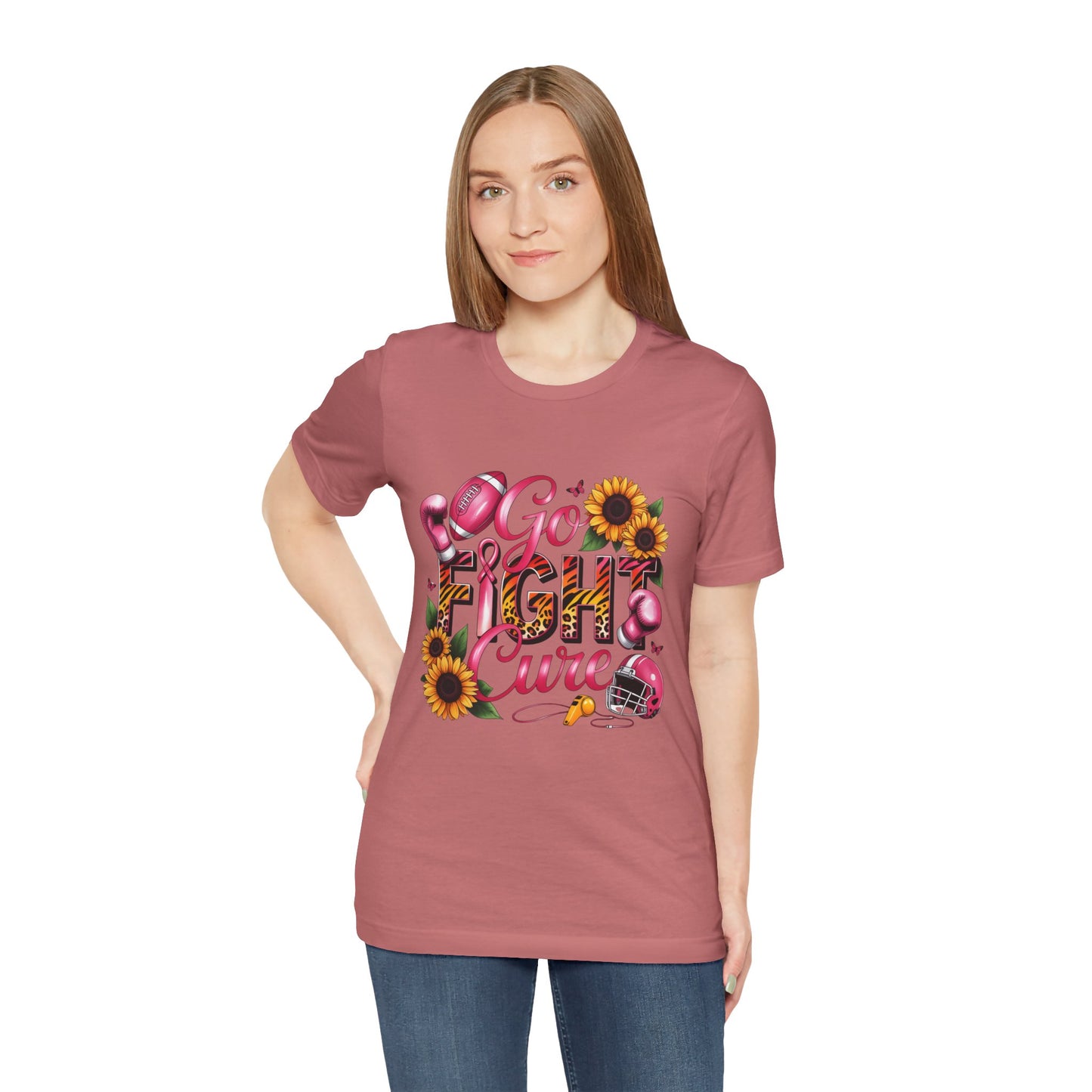 "Go Fight Cure" Pink Ribbon Support Tee | Breast Cancer Awareness Shirt, Breast Cancer Awareness Top, Floral Graphic T-Shirt, Empowering Gift for Her