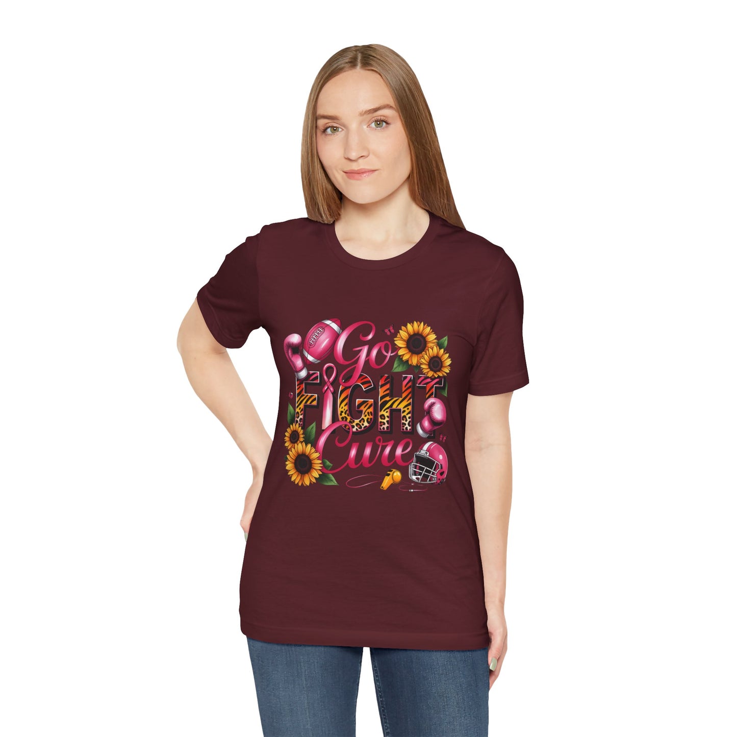 "Go Fight Cure" Pink Ribbon Support Tee | Breast Cancer Awareness Shirt, Breast Cancer Awareness Top, Floral Graphic T-Shirt, Empowering Gift for Her