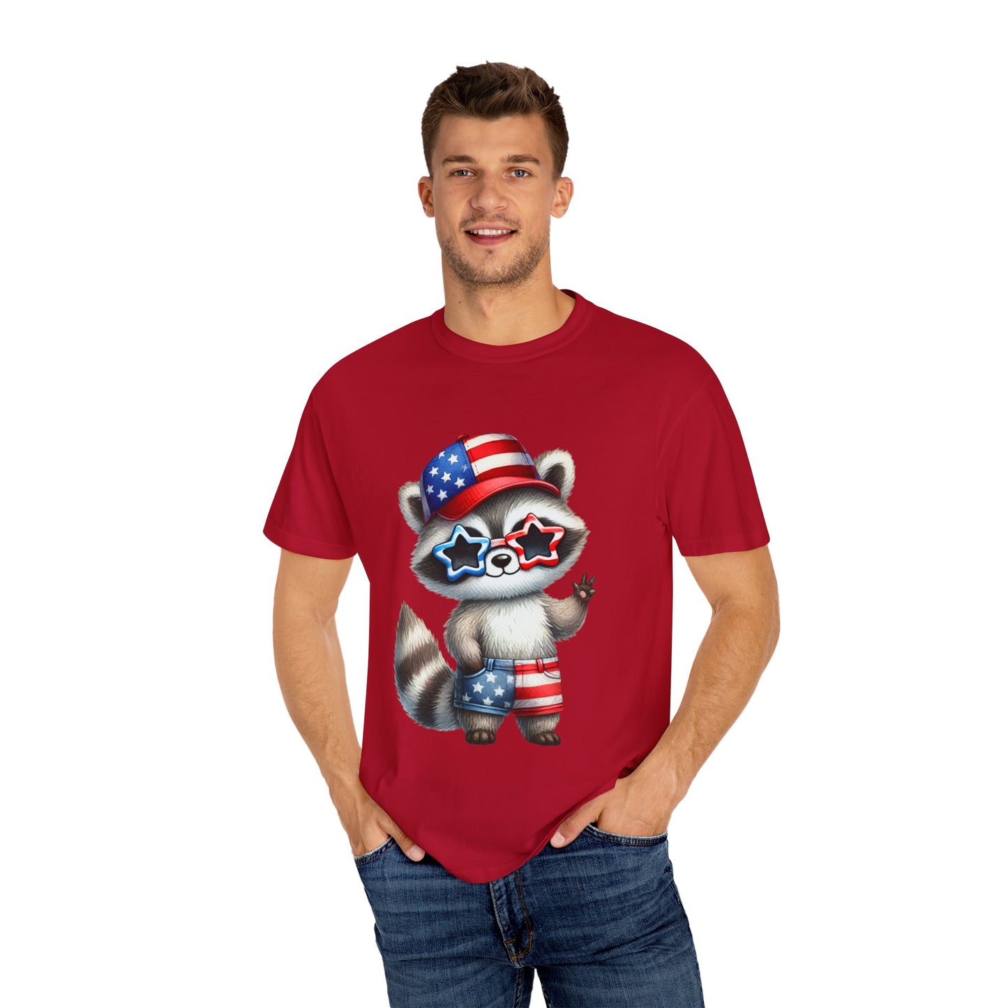 Patriotic Raccoon T-shirt, Unisex Garment-Dyed Tee, Fourth of July Shirt, Cute Animal Graphic Tee, Summer Festive Apparel