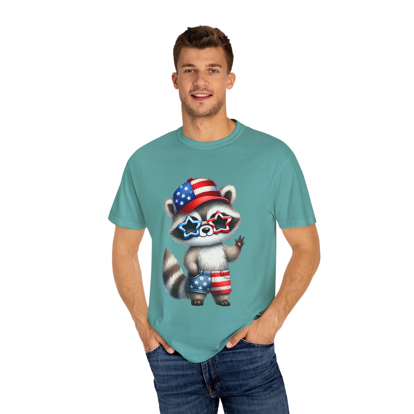 Patriotic Raccoon T-shirt, Unisex Garment-Dyed Tee, Fourth of July Shirt, Cute Animal Graphic Tee, Summer Festive Apparel
