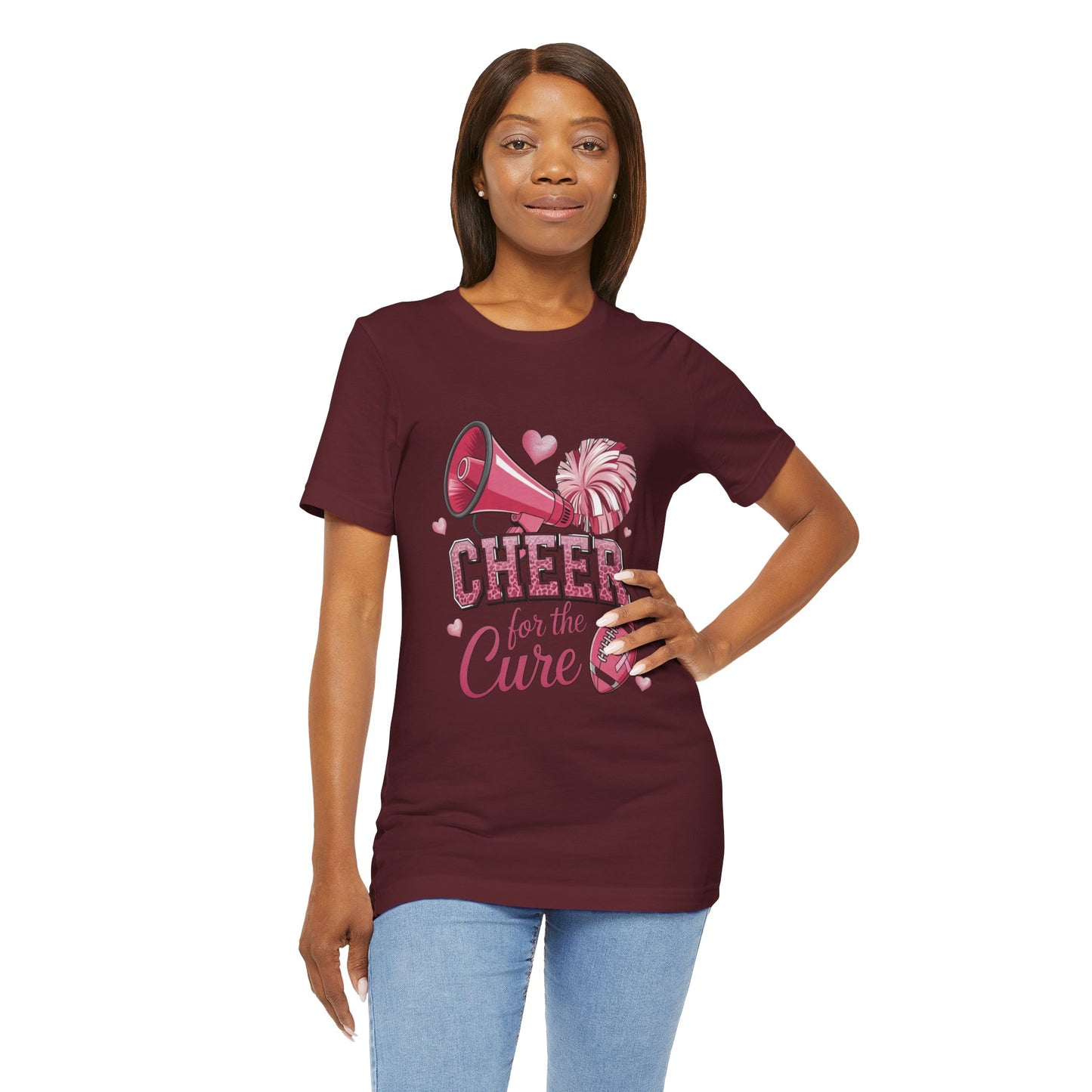 "Cheer for the Cure" Football T-Shirt | Pink Ribbon Breast Cancer Tee, Unisex Jersey Tee, Breast Cancer Awareness, Game Day Shirt, Supportive Apparel