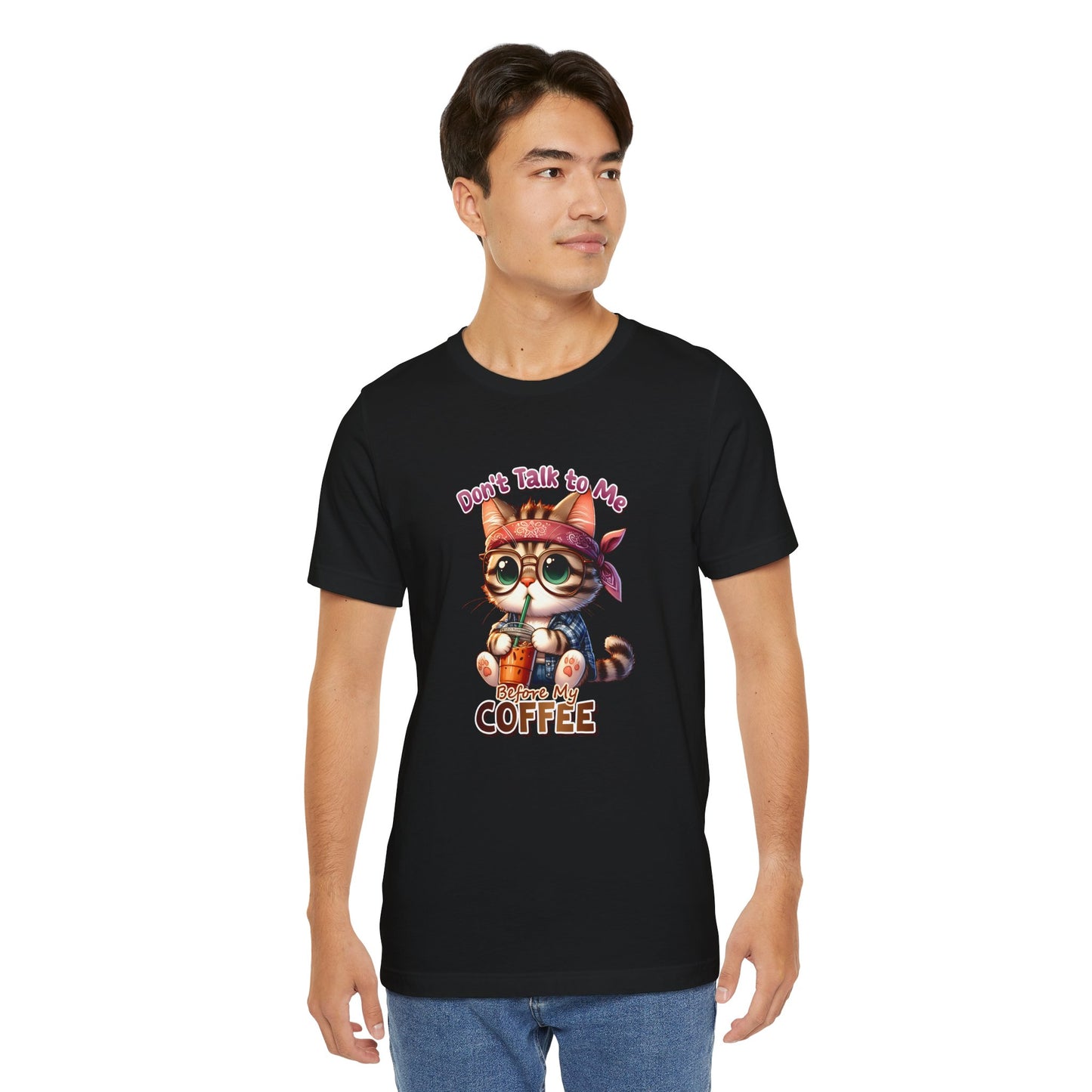 Cute Cat Coffee Lover Unisex Tee - 'Don't Talk to Me Before My Coffee'