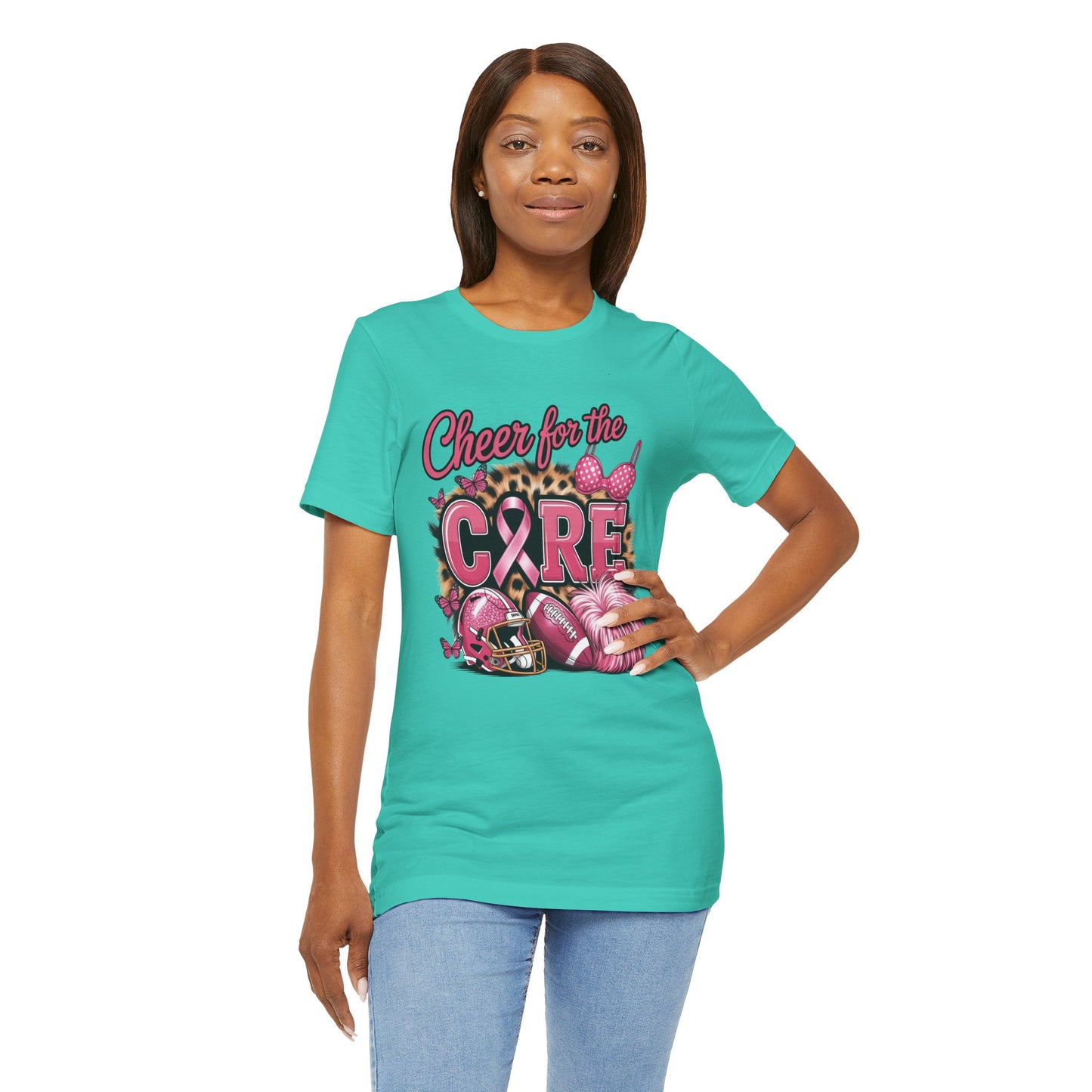 "Cheer for the Cure" Football T-Shirt | Pink Ribbon Breast Cancer Tee, Cancer Awareness Shirt, Breast Cancer Support T-Shirt, Game Day Tee, Fundraiser Apparel