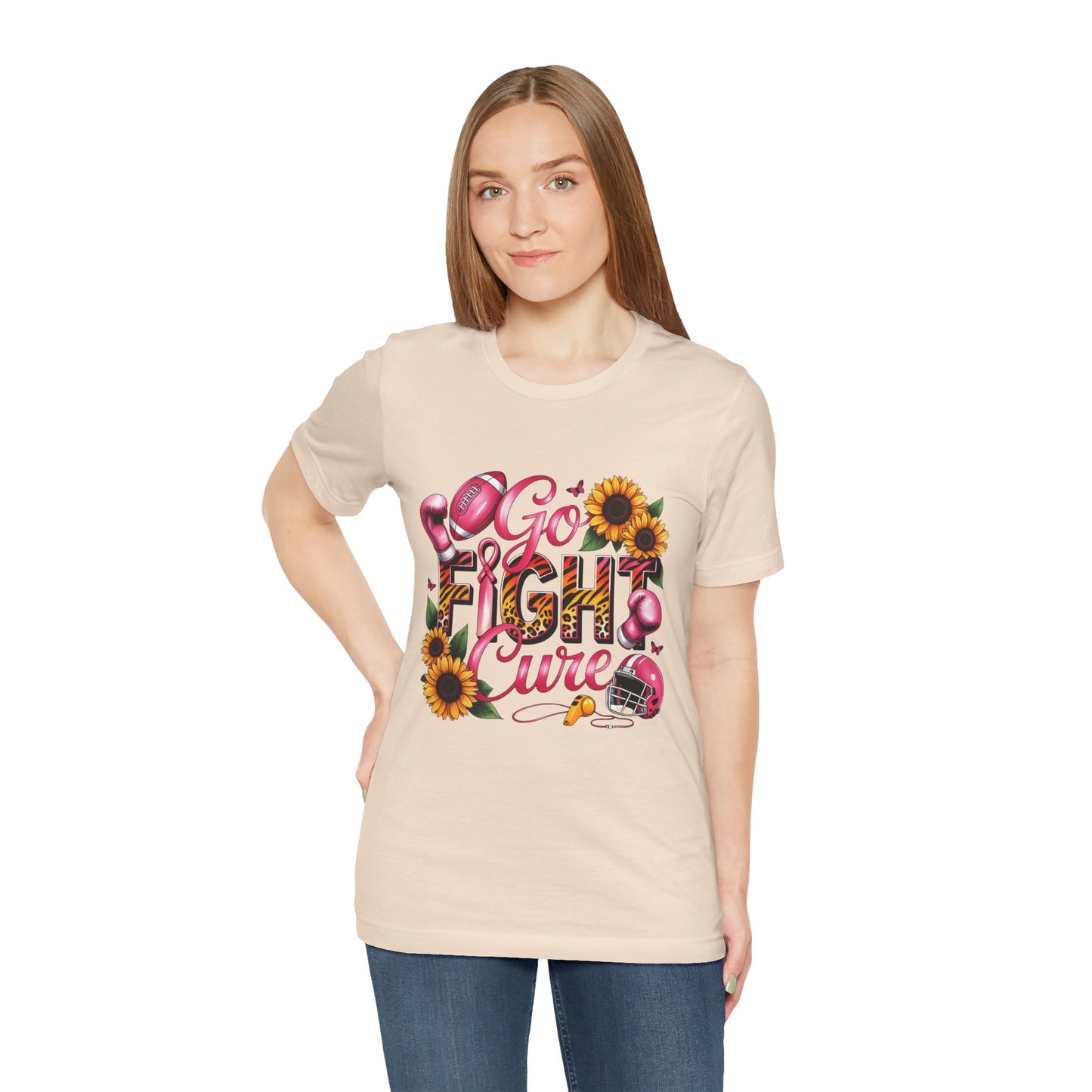 "Go Fight Cure" Pink Ribbon Support Tee | Breast Cancer Awareness Shirt, Breast Cancer Awareness Top, Floral Graphic T-Shirt, Empowering Gift for Her