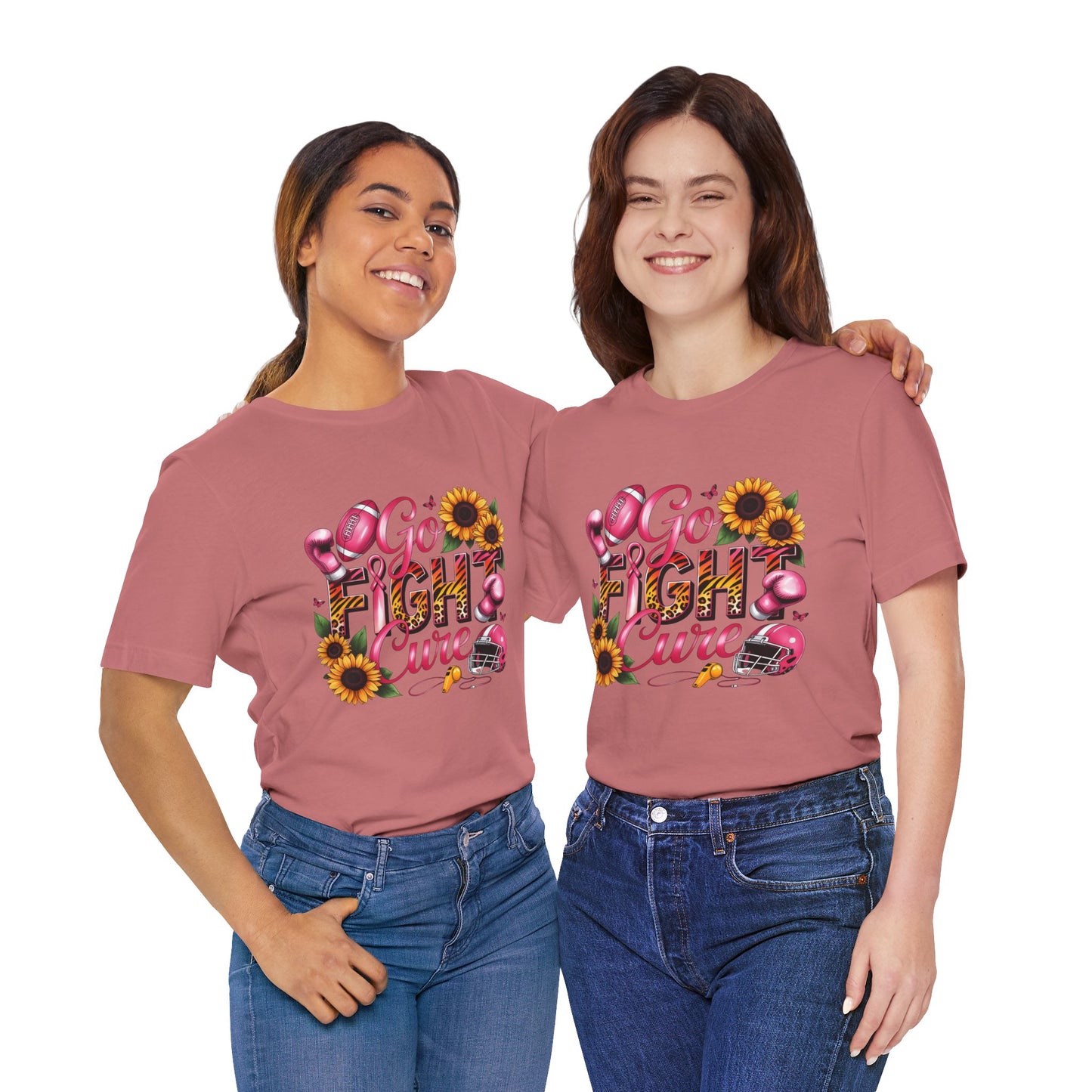 "Go Fight Cure" Pink Ribbon Support Tee | Breast Cancer Awareness Shirt, Breast Cancer Awareness Top, Floral Graphic T-Shirt, Empowering Gift for Her