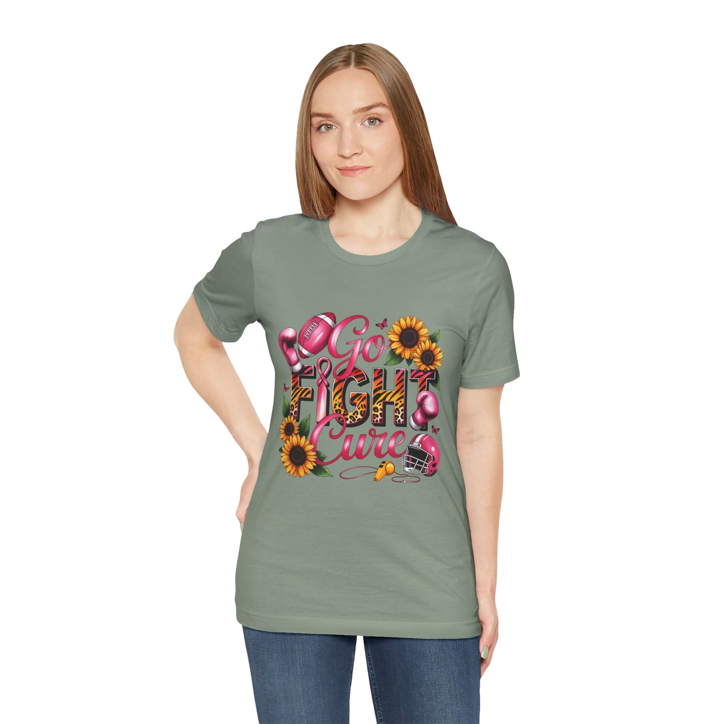"Go Fight Cure" Pink Ribbon Support Tee | Breast Cancer Awareness Shirt, Breast Cancer Awareness Top, Floral Graphic T-Shirt, Empowering Gift for Her