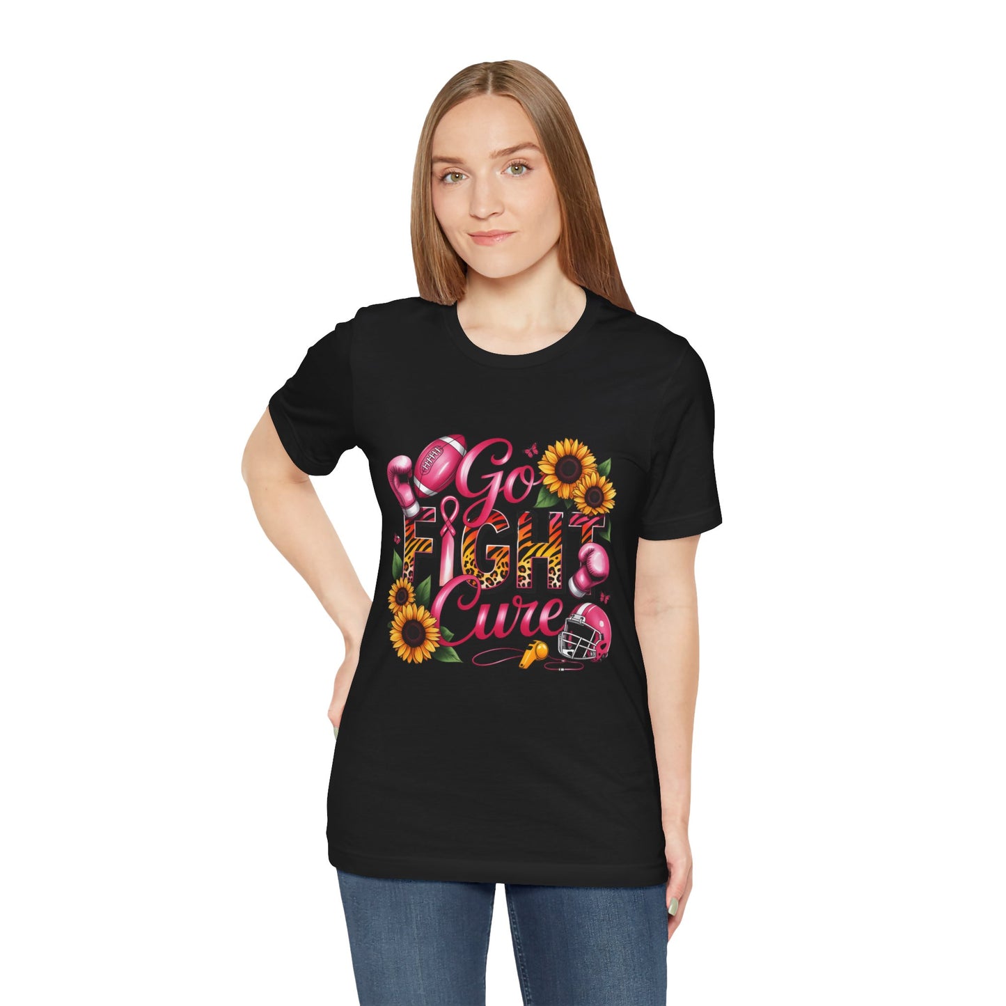 "Go Fight Cure" Pink Ribbon Support Tee | Breast Cancer Awareness Shirt, Breast Cancer Awareness Top, Floral Graphic T-Shirt, Empowering Gift for Her
