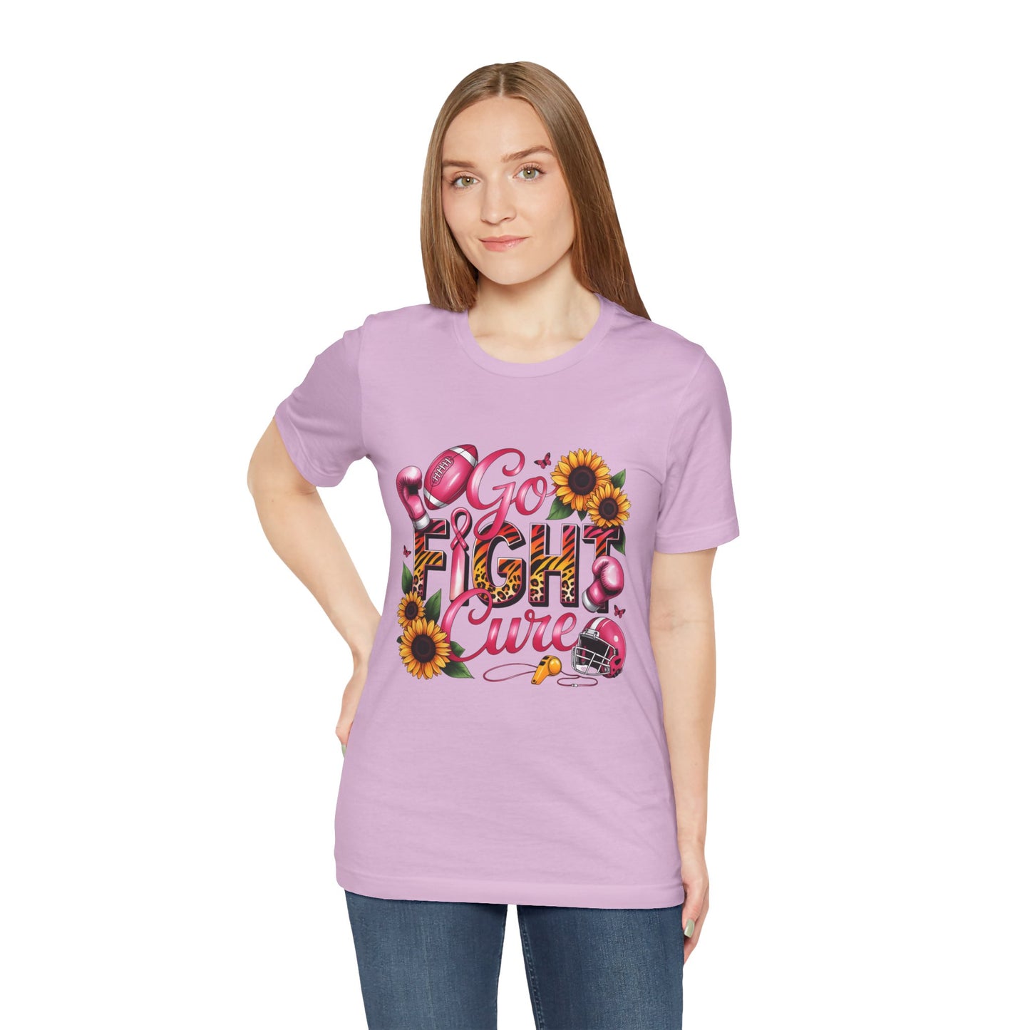 "Go Fight Cure" Pink Ribbon Support Tee | Breast Cancer Awareness Shirt, Breast Cancer Awareness Top, Floral Graphic T-Shirt, Empowering Gift for Her