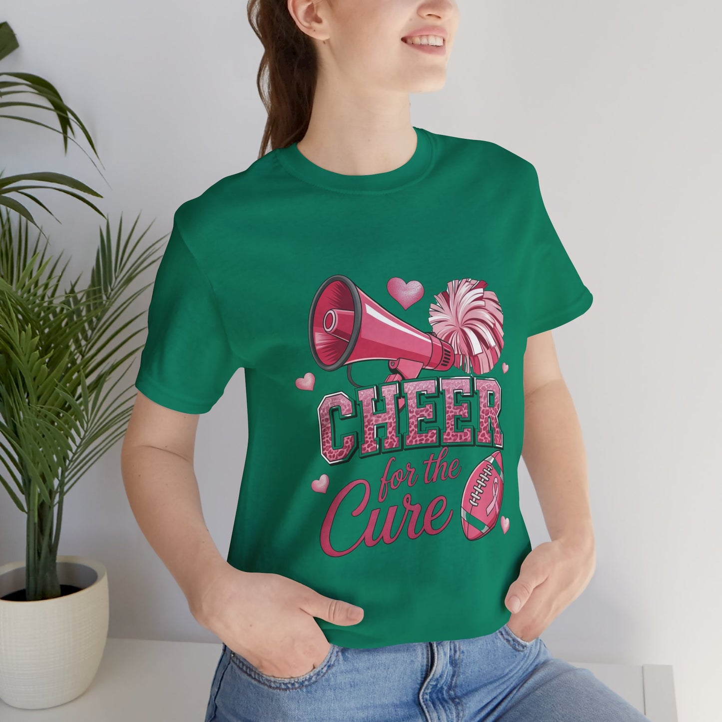 "Cheer for the Cure" Football T-Shirt | Pink Ribbon Breast Cancer Tee, Unisex Jersey Tee, Breast Cancer Awareness, Game Day Shirt, Supportive Apparel