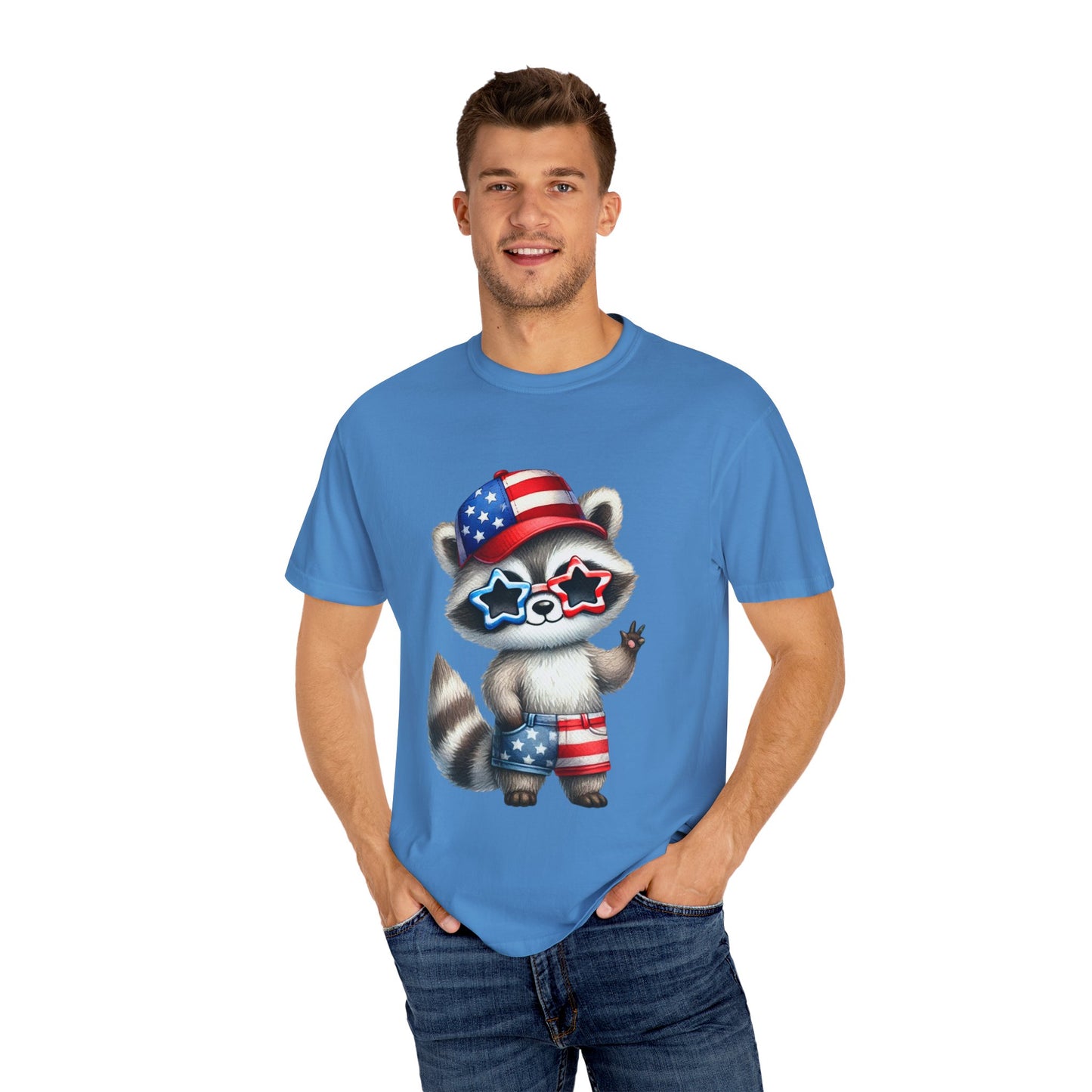Patriotic Raccoon T-shirt, Unisex Garment-Dyed Tee, Fourth of July Shirt, Cute Animal Graphic Tee, Summer Festive Apparel