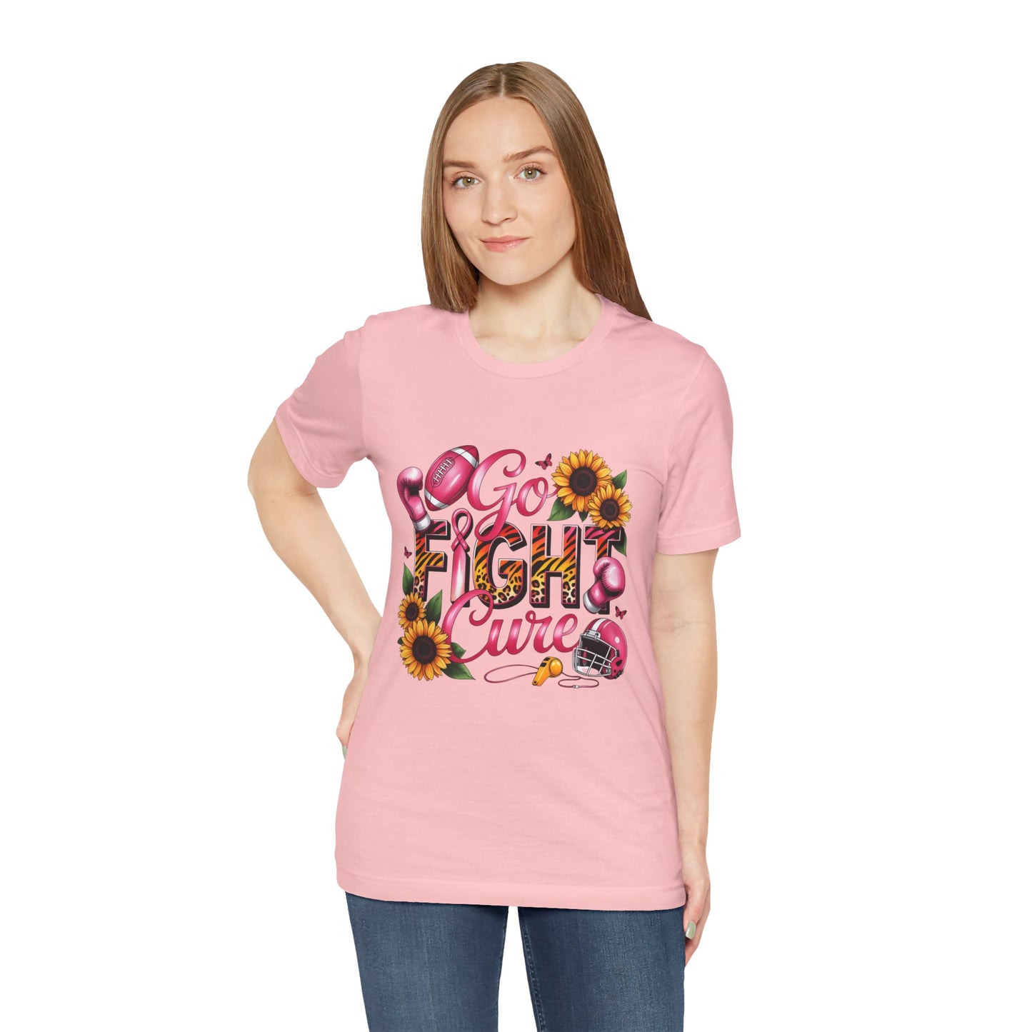 "Go Fight Cure" Pink Ribbon Support Tee | Breast Cancer Awareness Shirt, Breast Cancer Awareness Top, Floral Graphic T-Shirt, Empowering Gift for Her