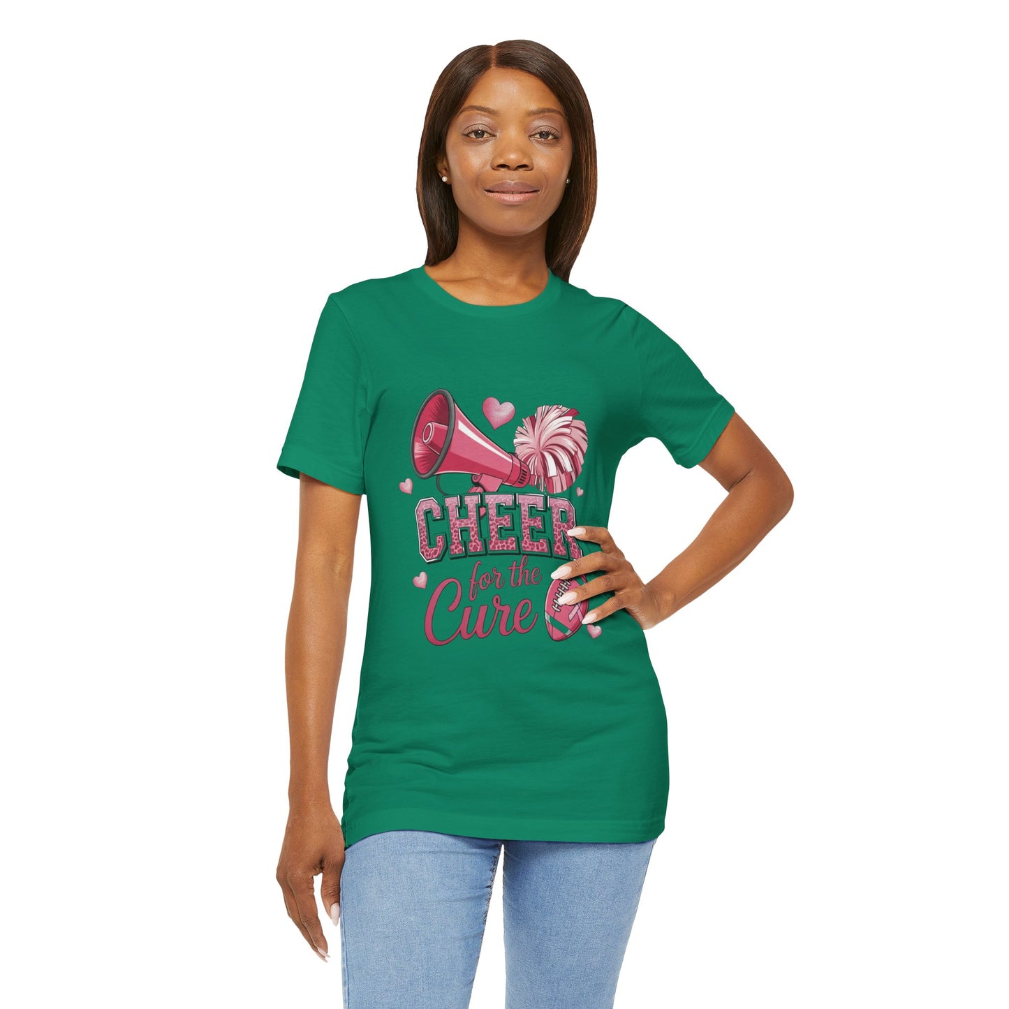 "Cheer for the Cure" Football T-Shirt | Pink Ribbon Breast Cancer Tee, Unisex Jersey Tee, Breast Cancer Awareness, Game Day Shirt, Supportive Apparel