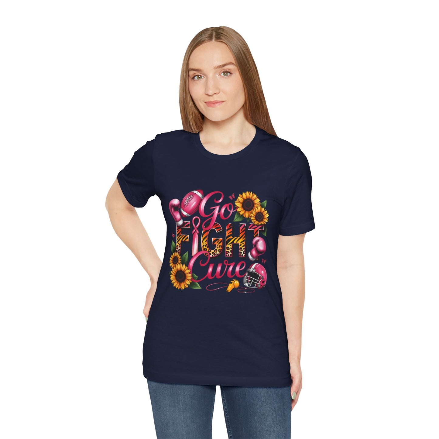 "Go Fight Cure" Pink Ribbon Support Tee | Breast Cancer Awareness Shirt, Breast Cancer Awareness Top, Floral Graphic T-Shirt, Empowering Gift for Her
