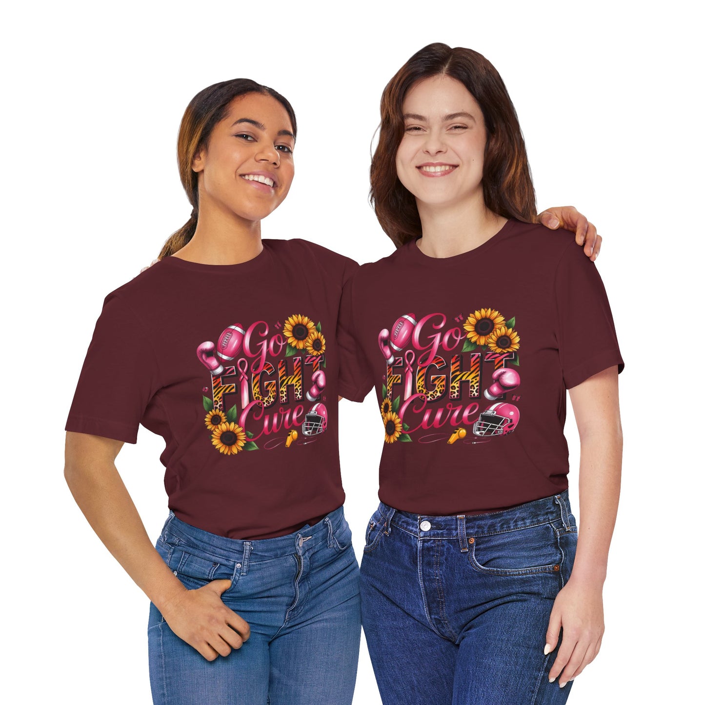 "Go Fight Cure" Pink Ribbon Support Tee | Breast Cancer Awareness Shirt, Breast Cancer Awareness Top, Floral Graphic T-Shirt, Empowering Gift for Her