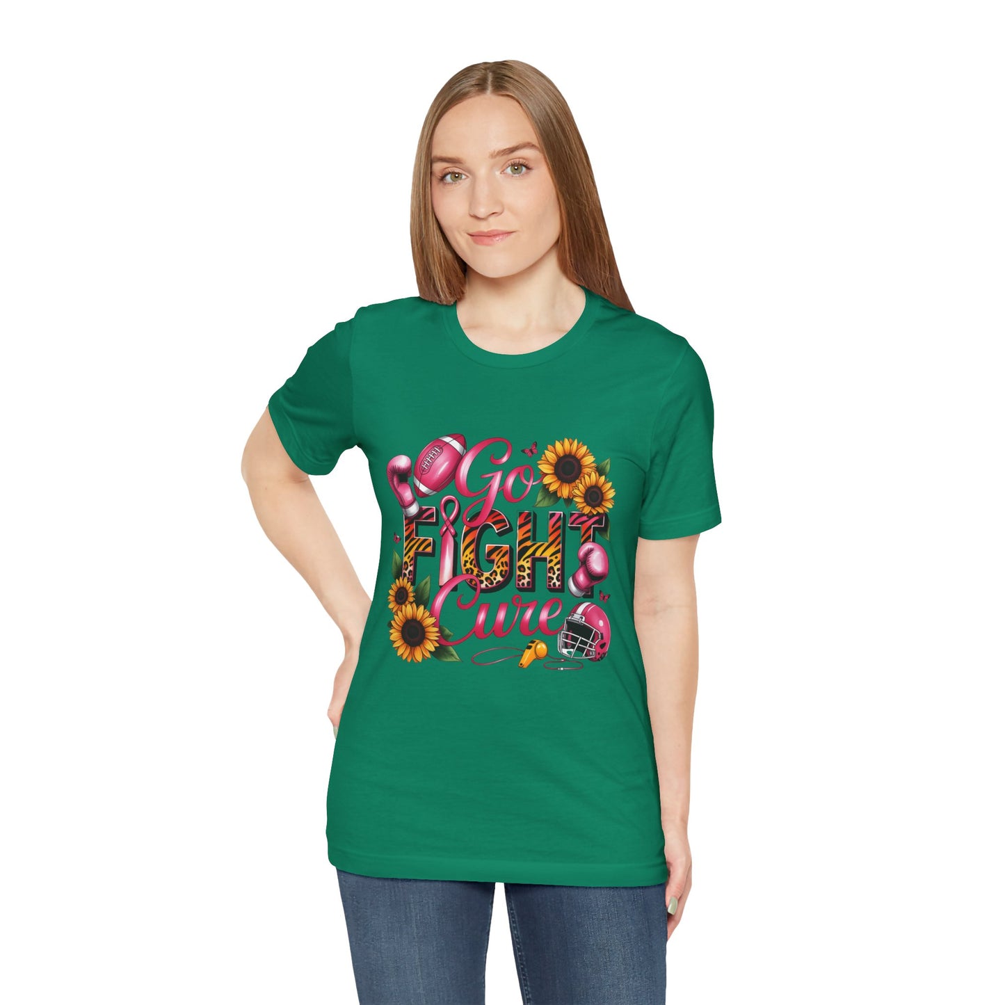 "Go Fight Cure" Pink Ribbon Support Tee | Breast Cancer Awareness Shirt, Breast Cancer Awareness Top, Floral Graphic T-Shirt, Empowering Gift for Her