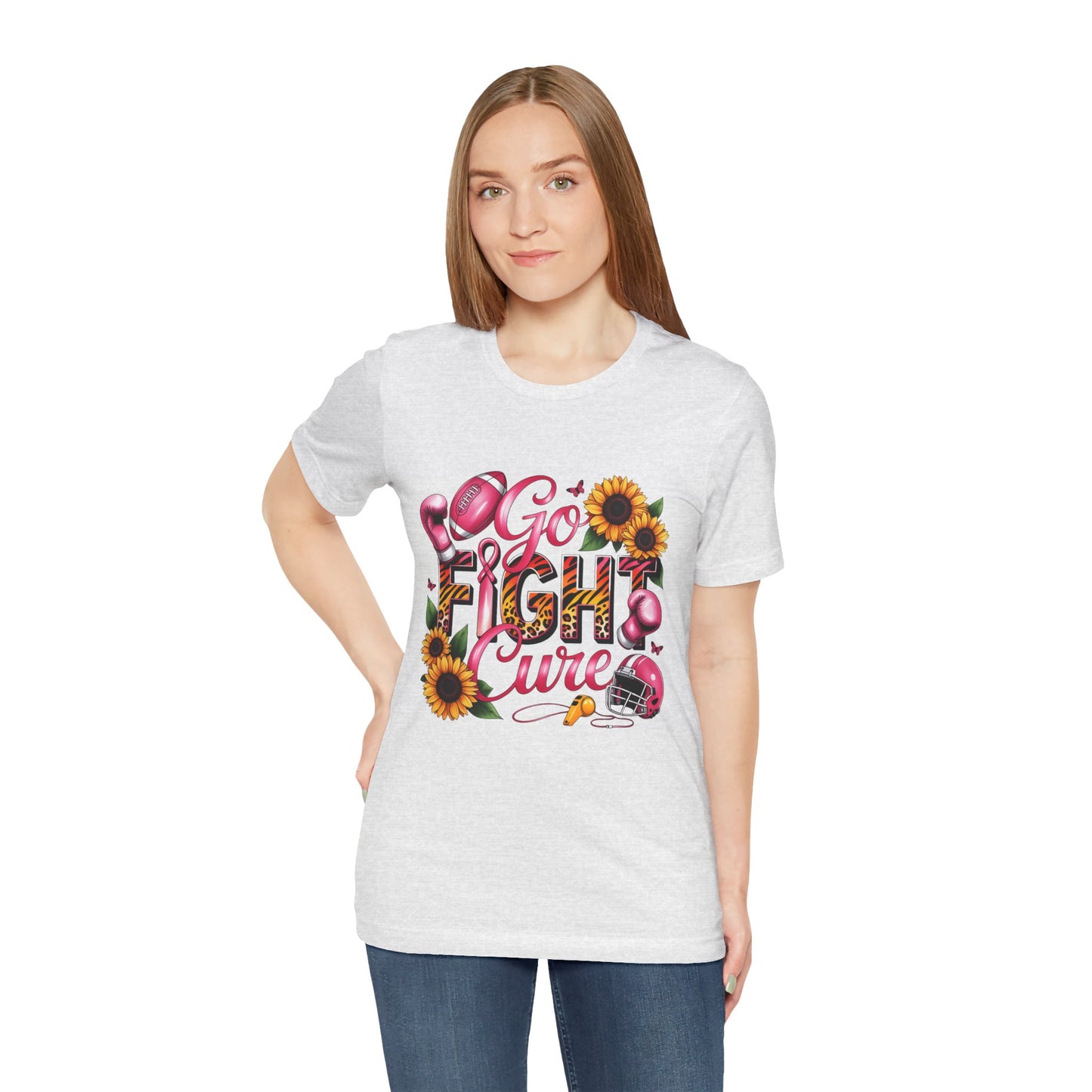 "Go Fight Cure" Pink Ribbon Support Tee | Breast Cancer Awareness Shirt, Breast Cancer Awareness Top, Floral Graphic T-Shirt, Empowering Gift for Her