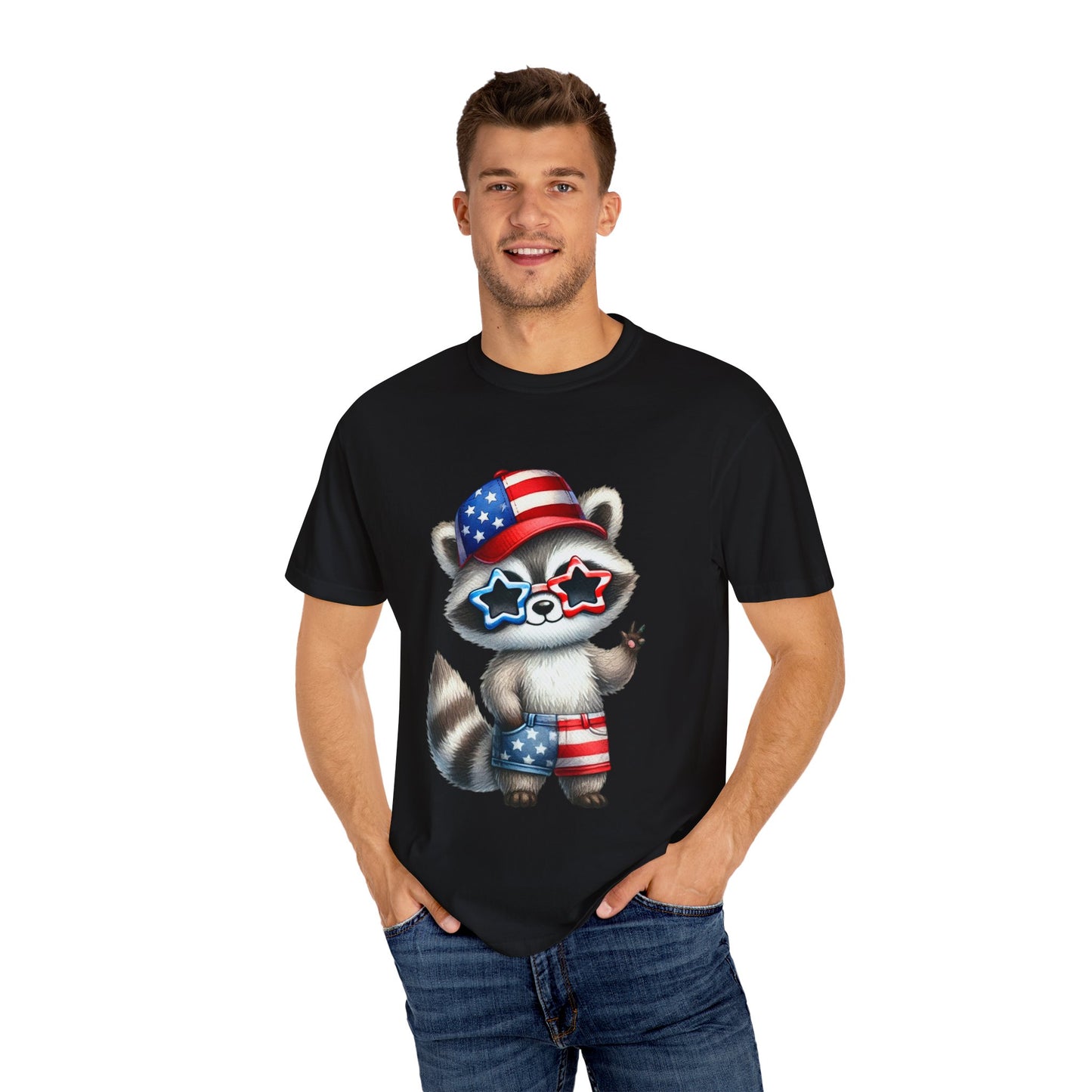 Patriotic Raccoon T-shirt, Unisex Garment-Dyed Tee, Fourth of July Shirt, Cute Animal Graphic Tee, Summer Festive Apparel