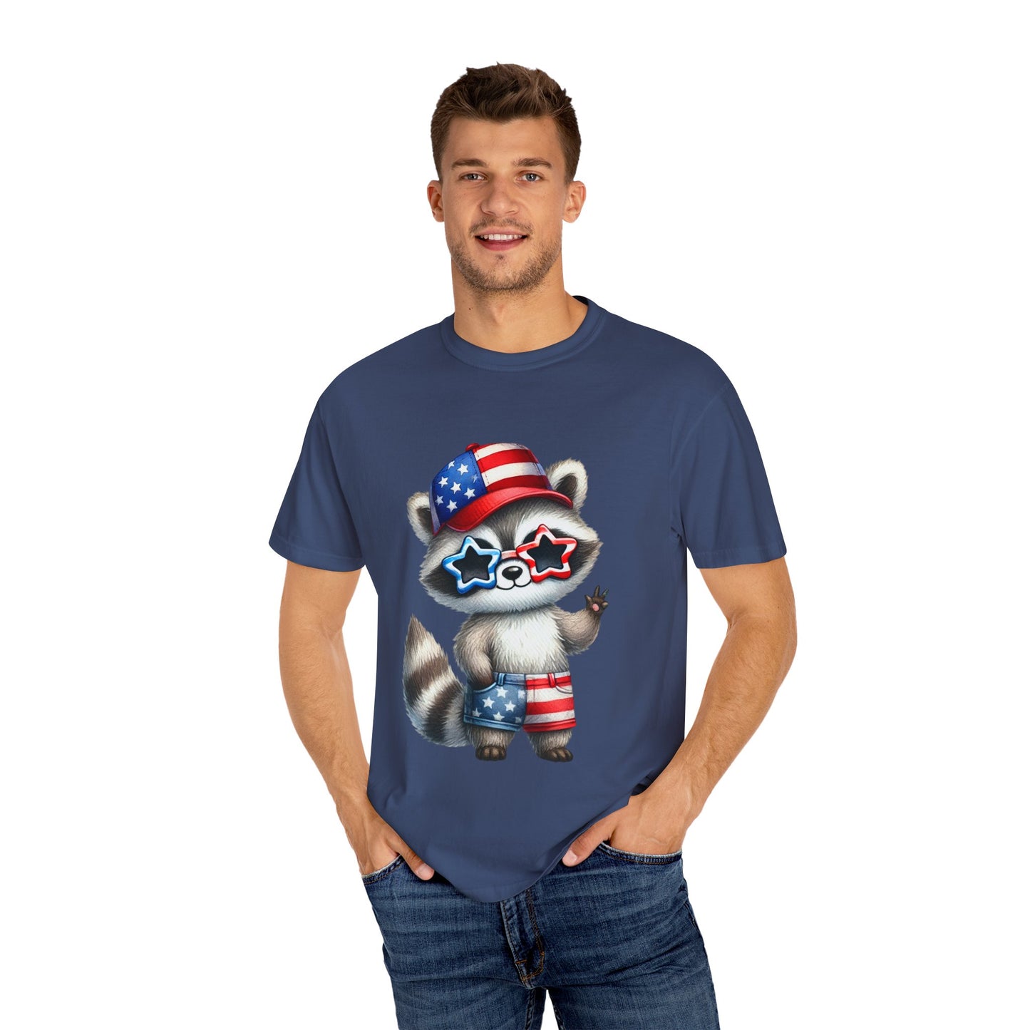 Patriotic Raccoon T-shirt, Unisex Garment-Dyed Tee, Fourth of July Shirt, Cute Animal Graphic Tee, Summer Festive Apparel
