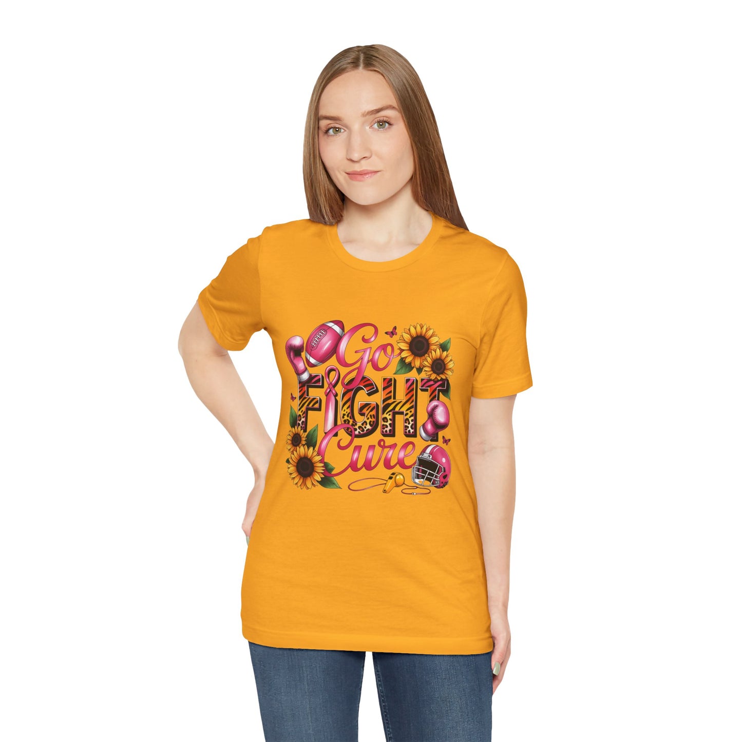 "Go Fight Cure" Pink Ribbon Support Tee | Breast Cancer Awareness Shirt, Breast Cancer Awareness Top, Floral Graphic T-Shirt, Empowering Gift for Her