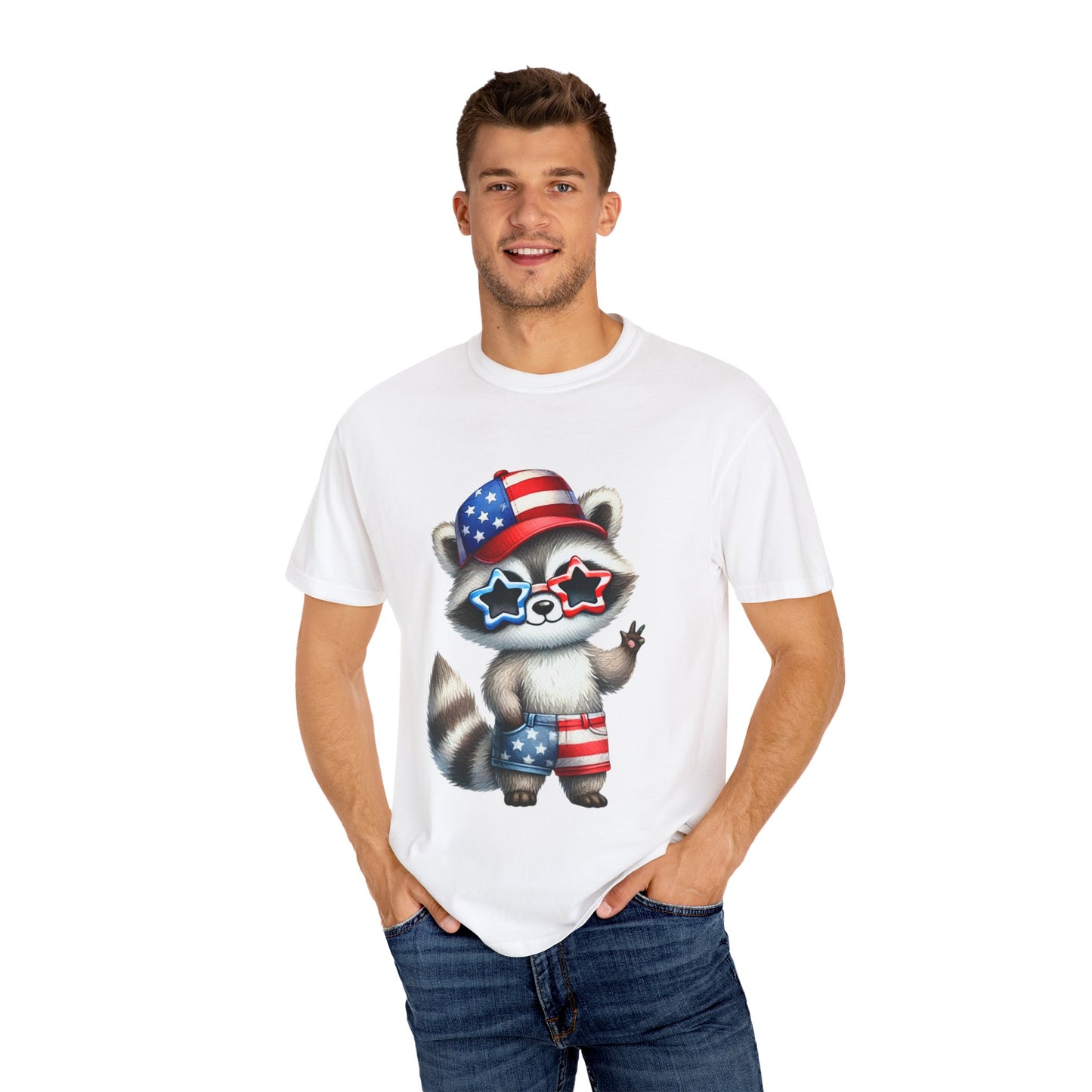 Patriotic Raccoon T-shirt, Unisex Garment-Dyed Tee, Fourth of July Shirt, Cute Animal Graphic Tee, Summer Festive Apparel