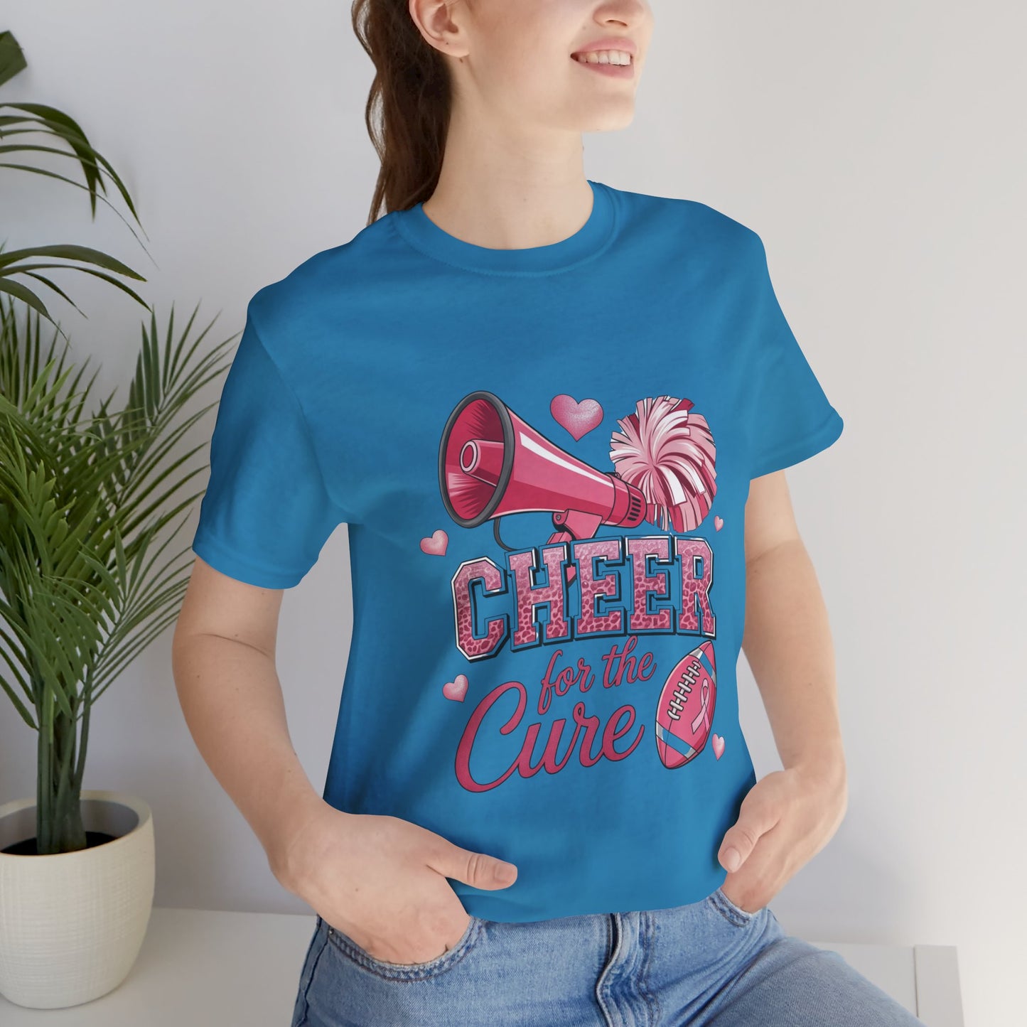 "Cheer for the Cure" Football T-Shirt | Pink Ribbon Breast Cancer Tee, Unisex Jersey Tee, Breast Cancer Awareness, Game Day Shirt, Supportive Apparel